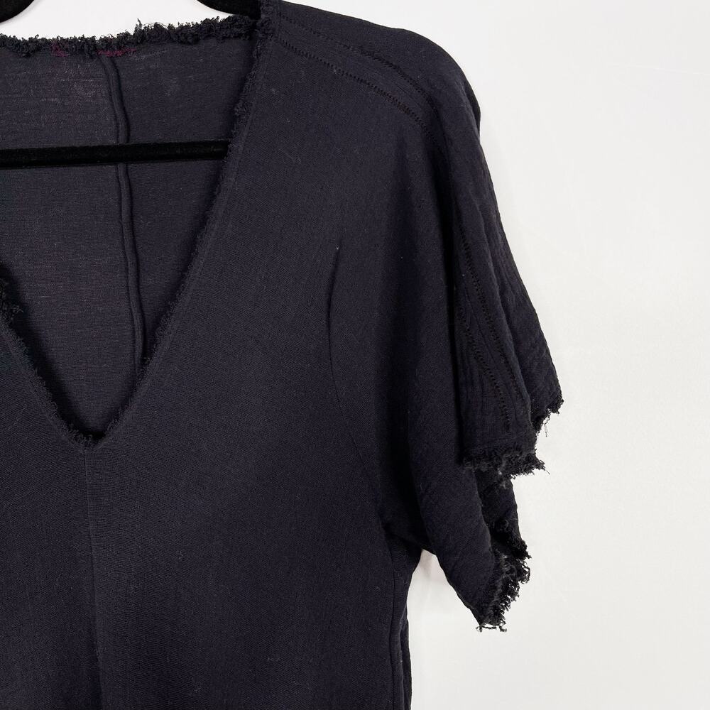 Sam Cho RCH Frayed Hem Vneck Short Sleeve Tee Black Small S Asymmetrical Hem - Picture 3 of 7